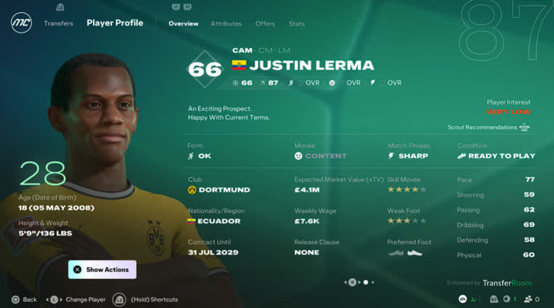 Hồ sơ Justin Lerma trong FC 27 Career Mode: CAM 18 tuổi của Borussia Dortmund, OVR 66, tiềm năng 87