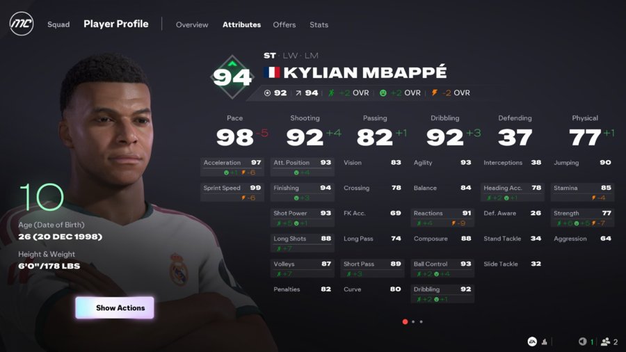 Hồ sơ cầu thủ trong FC 27 Career Mode: trang thông tin chi tiết của một ngôi sao với chỉ số và tiềm năng